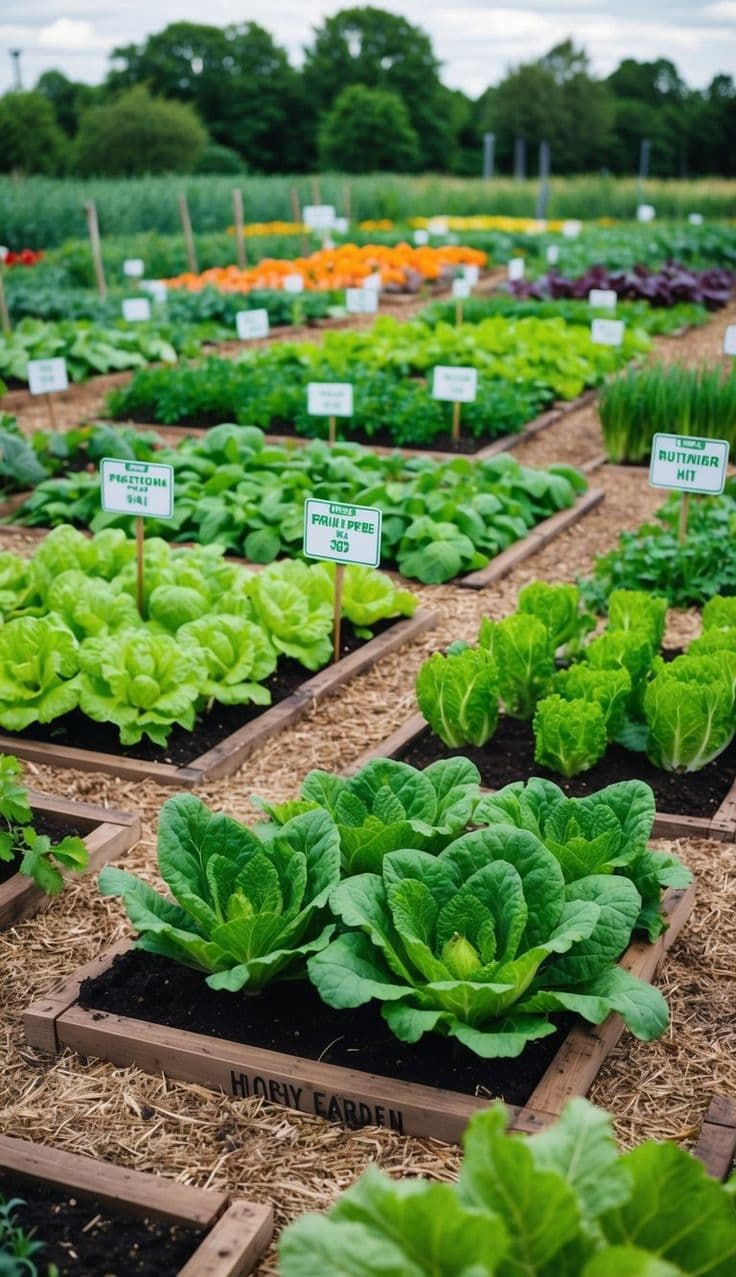 Organized vegetable garden with rows of crops