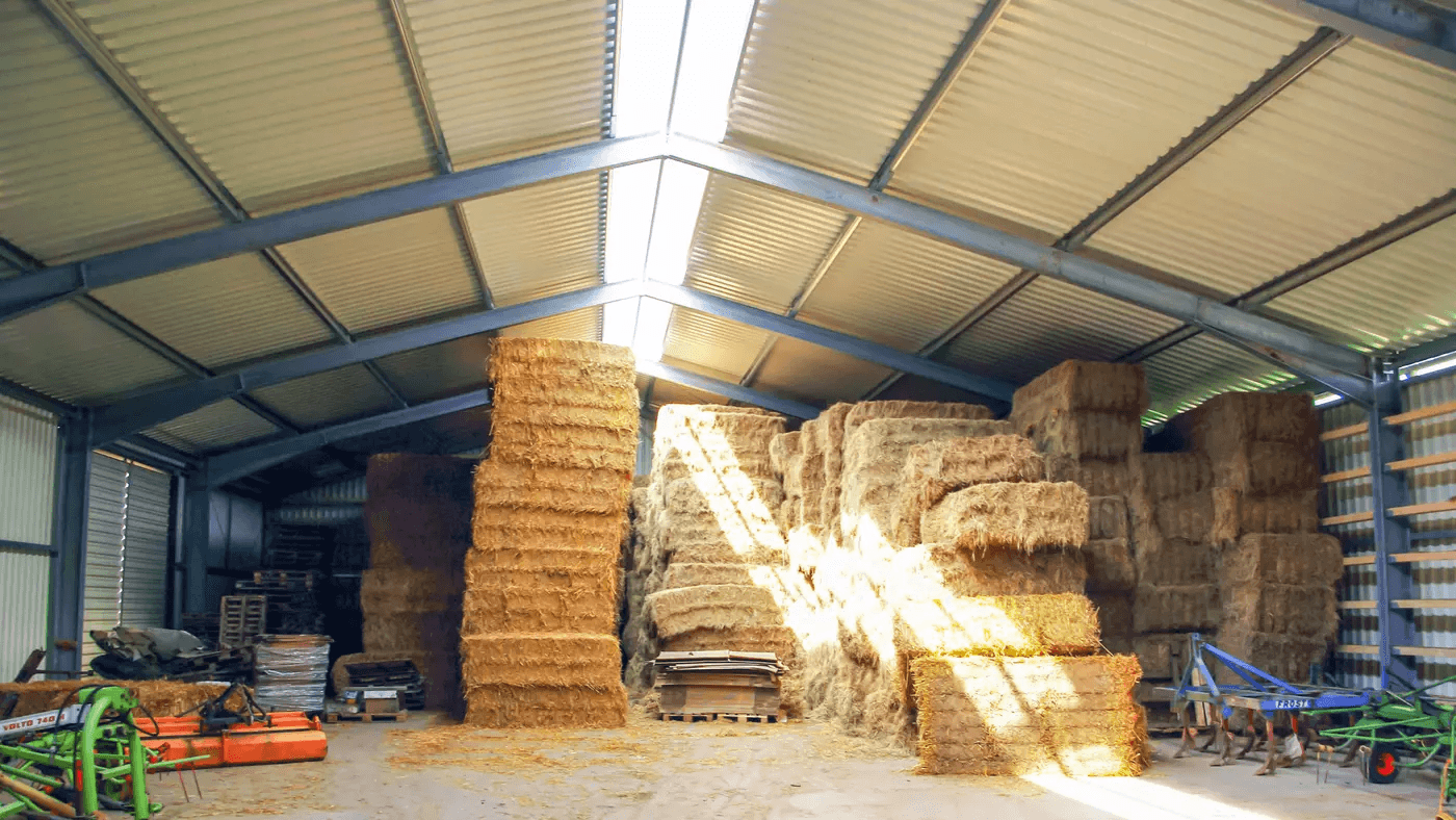 Grain storage warehouse with stacked bags